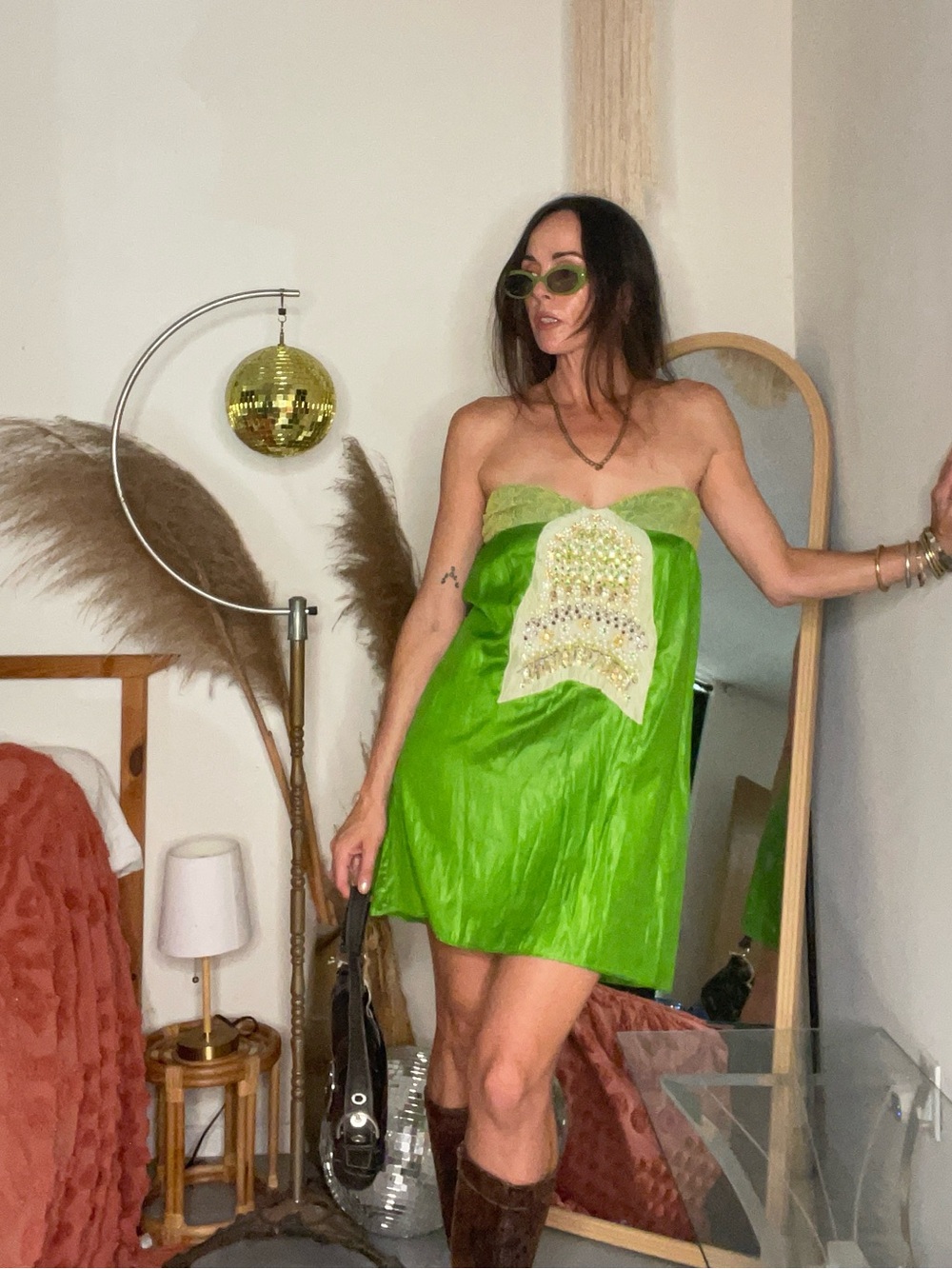 Y2K Custo Barcelona Silk Strapless Lime Green Embellished Mini Dress